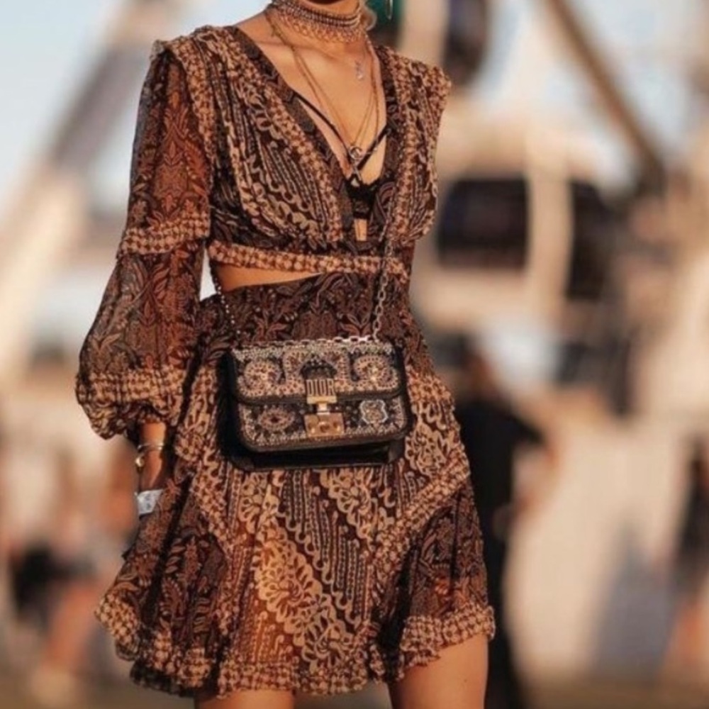 Zimmermann Spliced Tali Batik Cut Out Dress Size USA 0/AUS 0P Brown Festival